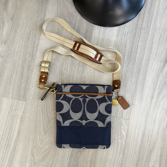 NEW! Coach Signature Denim Leather Stripe Swingpack Crossbody – Sleek & Stylish - Picture 1 of 10